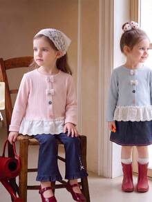 2pcs Girls Autumn T-Shirt Lace Trim Hem Soft Top Children Base Layer Colorful Buttons Faux Placket Stylish Long Sleeve - Multicolor - View 6