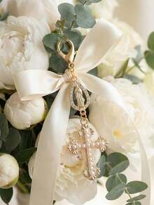Christian Charm Keychain With Religious Cross, Pearl And Diamond Pendant - Cross Keychain, Bag Charm, Cross Pendant, Decorative Wallet, Backpack, Earphone Case, Luggage And Car Accessories - Single Accessory With Pearl, Diamond And Romantic Elements - Multicolor - View 4