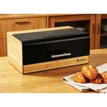 Large Bamboo Bread Box With Metal Lid, 36 * 20 * 13.5 Cm – Modern Kitchen Bread Storage Bin, Black & White Options - Black - View 7