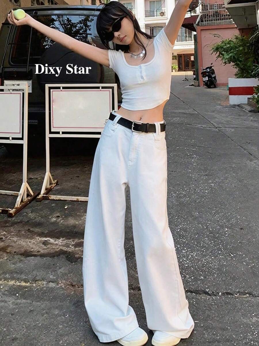 All Season New High Waist Loose Slimming Drape Floor Length Straight Leg Jeans Without Belt Casual White Fall - White - View 1