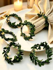100pcs 60pcs 24PCS 20pcs 12pcs 8pcs 6pcs 4pcs 2pcs Artificial Vine Napkin Rings PVC Leaf Metal Wire Evergreen Green Leaf Wreath Napkin Rings, Decorative Napkin Rings, Suitable For Birthday, Farm, Wedding, Restaurant, Hotel, Valentine's Day, Banquet, Buffet Table Decoration, Party Supplies, Home Kitchen Dining Table Decoration - Green - View 3