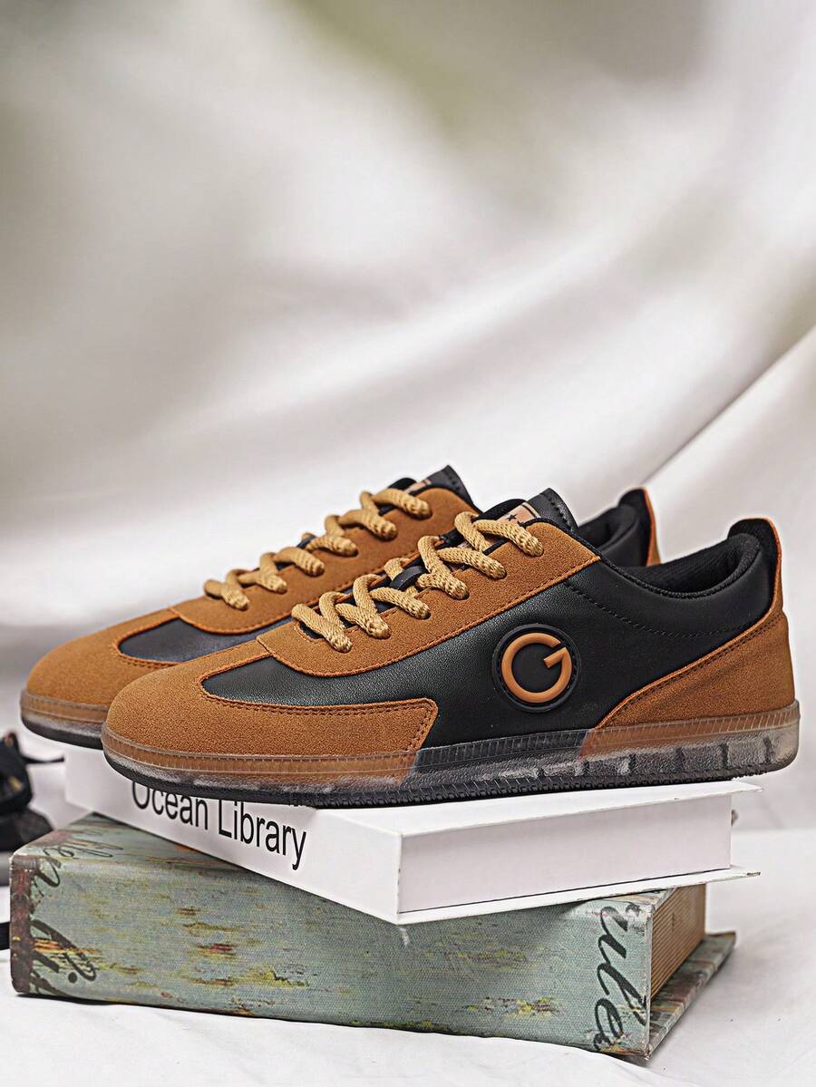 Men's Low-Top Lace-Up Skate Shoes, Style, Rubber Wear-Resistant Sole, Suitable For Daily Wear And Running Fitness - Brown - View 1