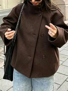 女款時尚棕色高領飛行員夾克，寬鬆長袖梭織布料外套，前襟鈕扣設計附口袋，秋冬衣櫥必備 - 鏽棕色 - 查看 4