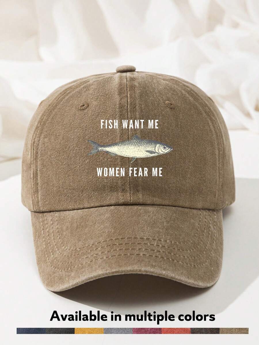 1pc Men's Retro Funny Fish Print Baseball Cap Washed Polyester Casual Adjustable Breathable Sun Hat - A - View 1