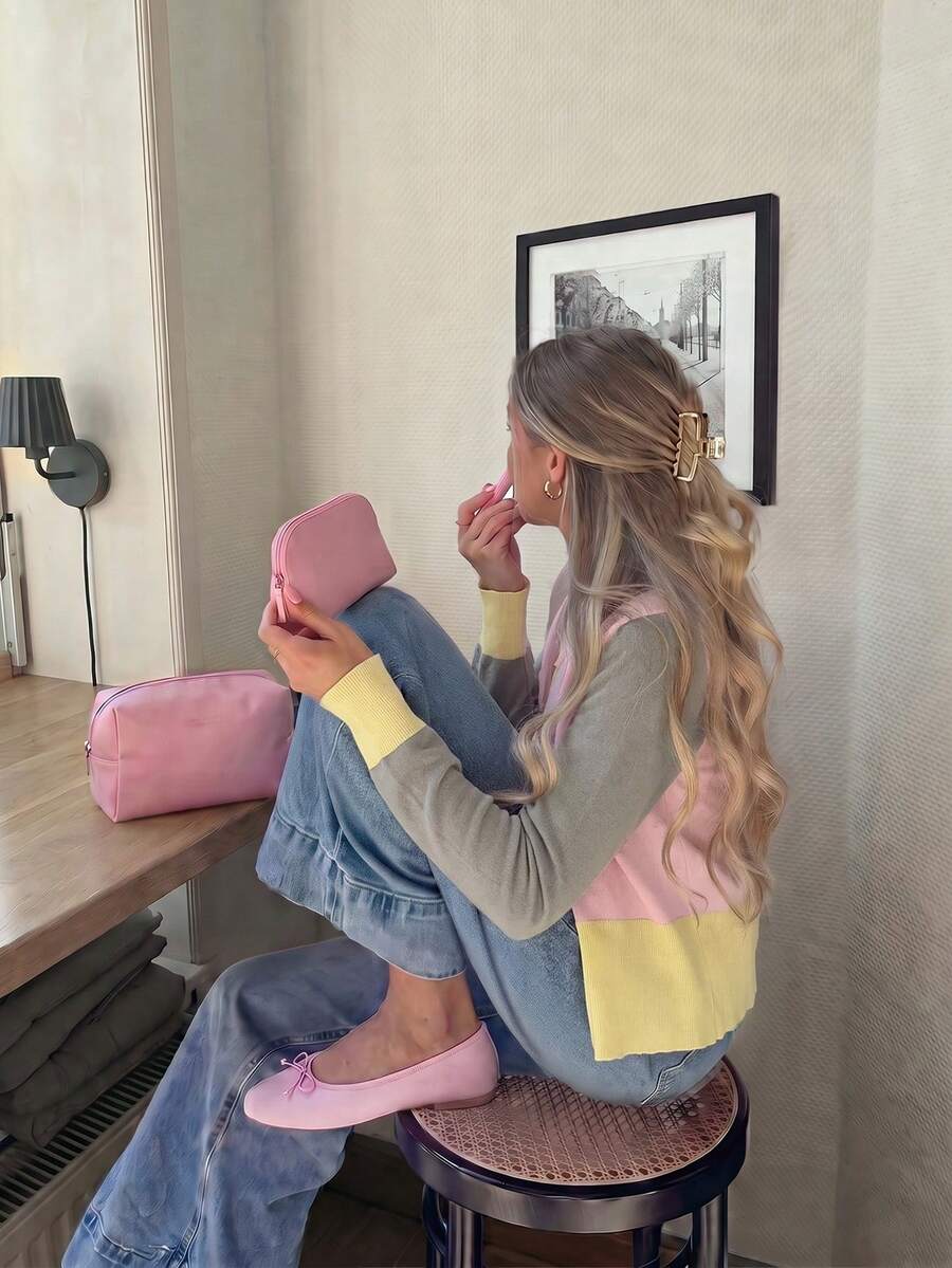 Women's Autumn Casual Pink Set: Ribbed Knit Colorblock Cardigan Sweater, Basic Top. Elegant Style Fall