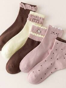 5 Pairs Cute Sweet Cat Pattern Socks For Students And Women, New Style - Multicolor - View 4