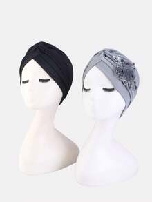 2pcs Women's Sequin 3D Flower Style Headwrap Turban Hat, Suitable For Daily Wear - Black/light Gray - View 1