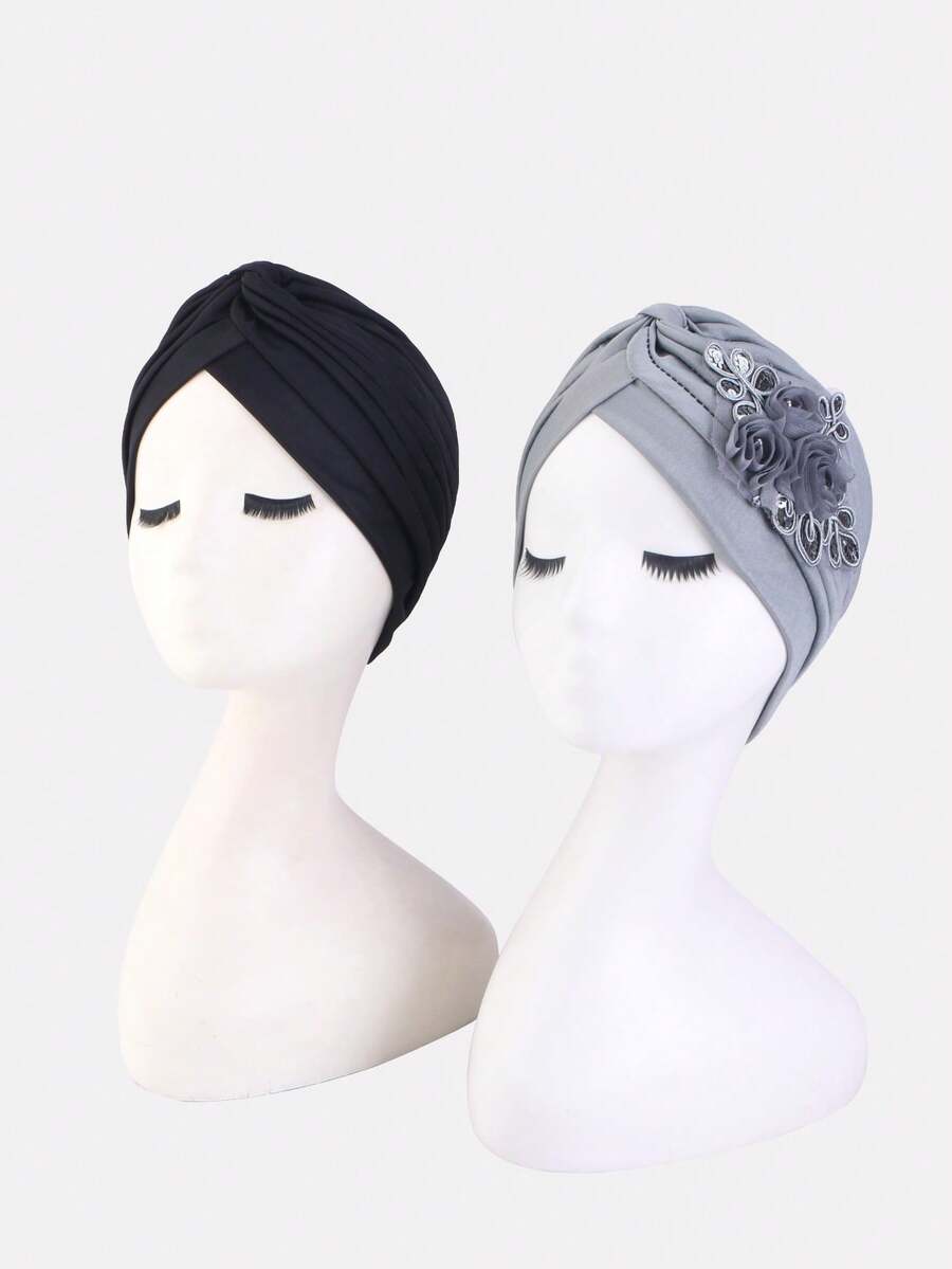 2pcs Women's Sequin 3D Flower Style Headwrap Turban Hat, Suitable For Daily Wear - Black/light Gray - View 1