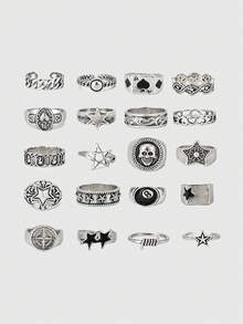 Set de 12 anillos metálicos geométricos de estilo punk con diseño de plumas, anillos ajustables para nudillos, joyería de encanto hip hop para hombres, regalo ideal - 12 piezas - Ver 8