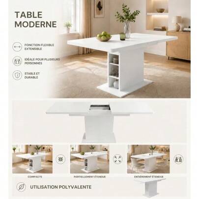 Utvidgbart matbord, matbord med förvaring, rektangulärt matbord, kaffebord/fritidsbord, modernt enkelt matbord i järn, platsbesparande multifunktionellt matbord, vit
