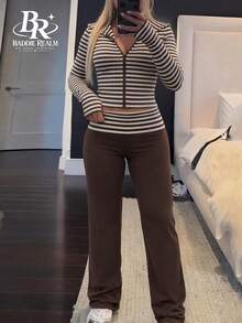 BADDIE REALM 女款休閒條紋拉鍊連帽上衣與純棕色寬腿褲兩件套，中等彈性，適合秋季日常穿著 - 棕色 - 查看 2