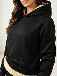 1pc Women's Autumn/Winter Lightweight Thermal Lined Hooded Sports Sweatshirt For Fitness, Workout, Running And Cycling - Black - View 3