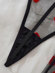 Plus Size Women's Sexy Lingerie Sleepwear Set, Black And Red Floral Mesh Front Button Robe Set, Front Tie With Large Bow Decor, 2-Piece Set - Black - View 7
