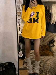 Niche American Style Long Sleeve Fun T-Shirt For Women, Personalized Heart & Letter Print Loose Fit Brand Crew Neck Top Yellow Casual - Yellow - View 1