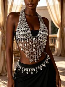 ZHENGHEN Y2K Bling Sliver Body Chain 2Pcs Set Body Chain & Waist Chain Set, Sparkly Coin Tassel Chest Chain, Party Beach Festival Body Jewelry - White - View 4