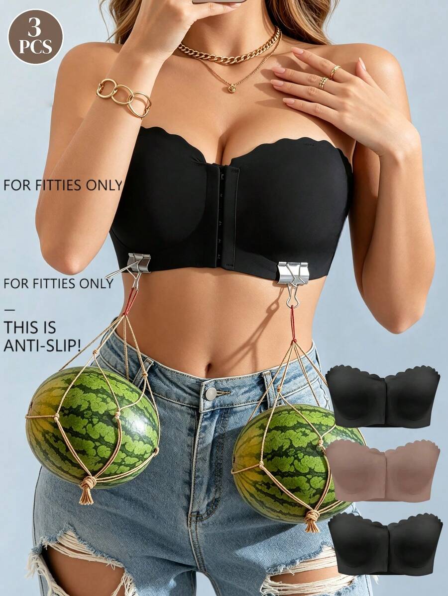 3pcs Mocha Color Front-Closure Fan-Shaped Bandeau Bra, Upgraded Wide Silicone Anti-Slip Straps, Soft Comfortable Lining, Seamless Wire-Free Women's Lingerie - Multicolor - View 1