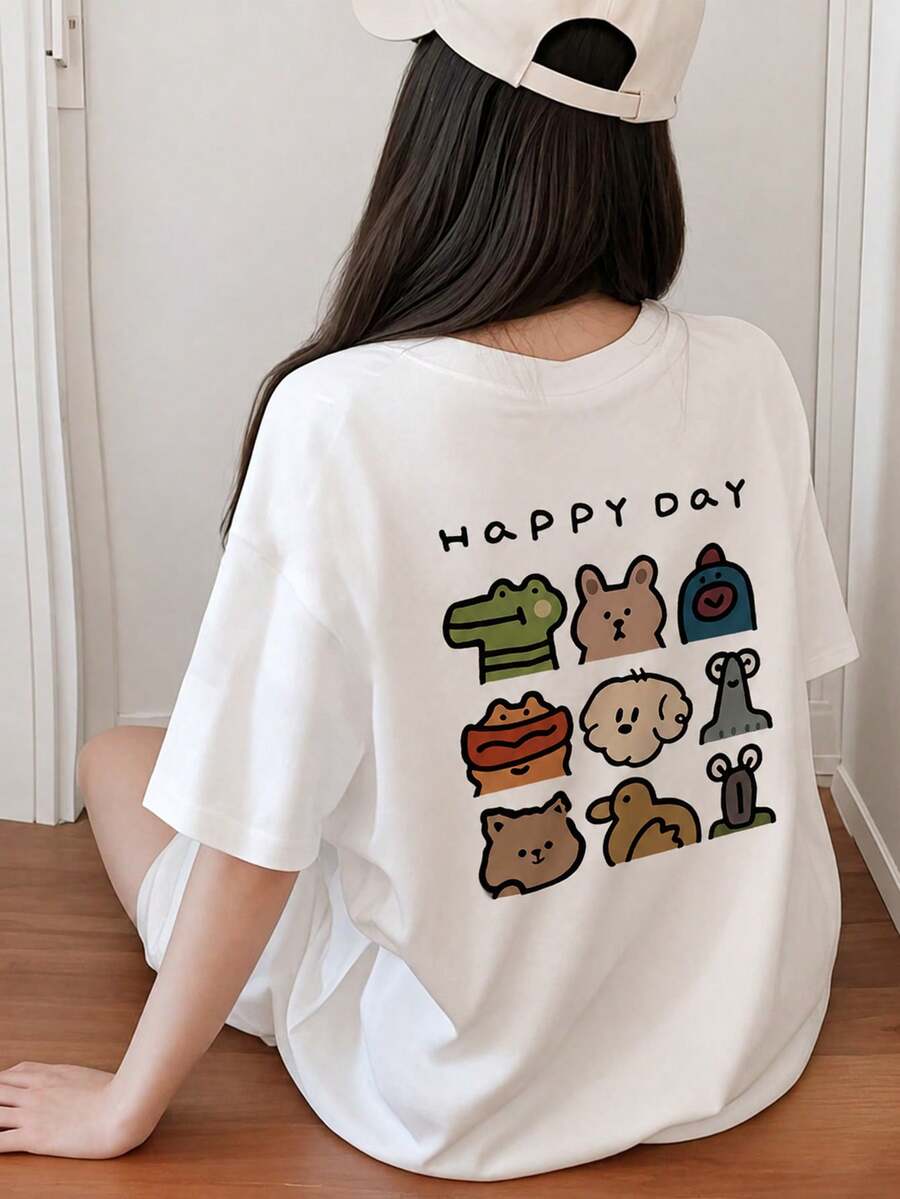 Women's Loose Fit Round Neck Short Sleeve Letter & Cartoon Print T-Shirt, Spring/Summer Casual White - White - View 1