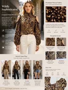 Women's Fall Gold Brown Leopard Mock Neck Cold-Shoulder Long-Sleeve Top, Cutout Ruffle Shoulder Loose Blouse, Wild Occasion Wear For Daily Date Party - Brown - View 7