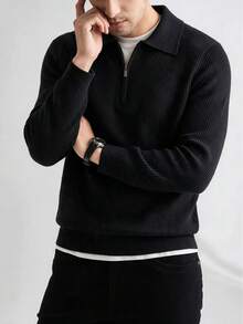 Men's Textured Knit Polo Sweater With Half Zip And Turn-Down Collar, Black Long Sleeve Casual Commuter Pullover Top, Autumn/Winter - Black - View 8