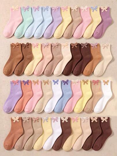 5/10/20 Pairs Random Color Kids Crew Socks With 3D Bow Decor, Girls Halloween Christmas Footwear, School Uniform Mid-Calf Socks, Fit For All Seasons