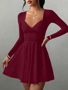Sexy Fashion V-Neck Ruched Waist Hem Long Sleeve Mini Dress, Spring/Summer New Arrival Elegant - Burgundy - View 5
