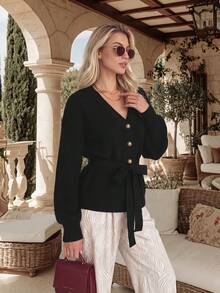 NiceArt V-Neck Cinched Waist Ribbed Knit Cardigan, Winter Vintage Casual Black Gold Button Tie Waist Long Sleeve Sweater Jacket, Autumn Outfit, Halloween - Black - View 8