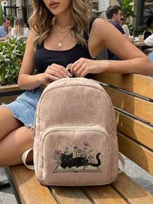 1 Piece Backpack, Women's Mini Backpack, Corduroy Girl's School Bag, Travel Storage Bag, Kitten‑Printed Design, Large‑Capacity Foldable Easy‑To‑Store Bag, Lightweight And Pressure‑Relieving, Multi‑Pocket Layered Design With Zipper Closure - Black Kitten 21008 - View 2