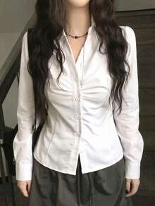 Korean Style Slim Fit Flattering Collar Waist-Cinching Versatile Short Sleeve Shirt - White - View 5