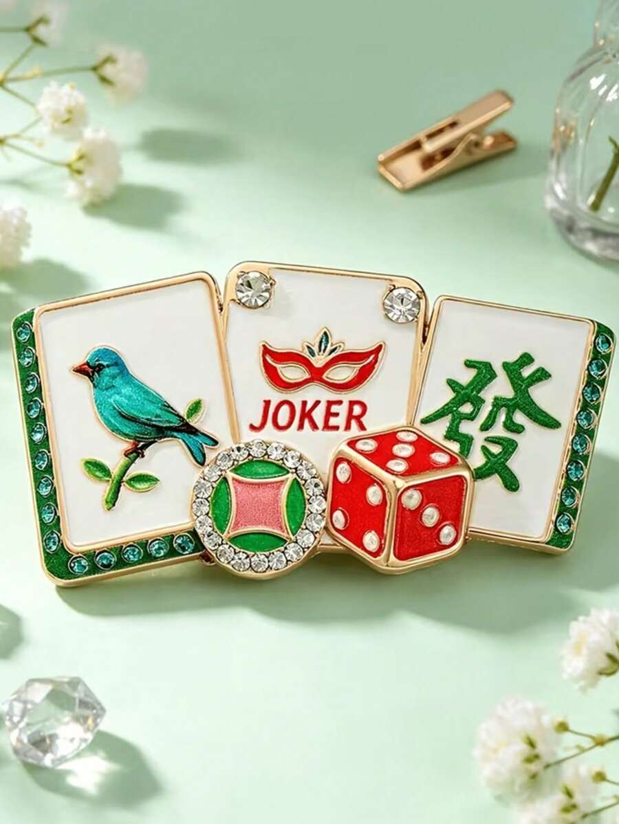 1pc Women's Fun Mahjong Brooch, Gold Enamel Clown Card & Lucky Charm Lapel Pin, Green Rhinestone Coat Scarf Accessory - Multicolor - View 1