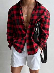Cotton Plaid Business Casual Shirt (Red Holiday Color/Christmas Color) - Red - View 3
