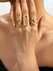 3pcs Geometric Hollow Ring Set, Gold Tone Hollow Square Oval Double V Stackable Rings, Minimalist Statement Rings Suitable For Party, Daily, Date, Holiday Gift - Gold - View 1