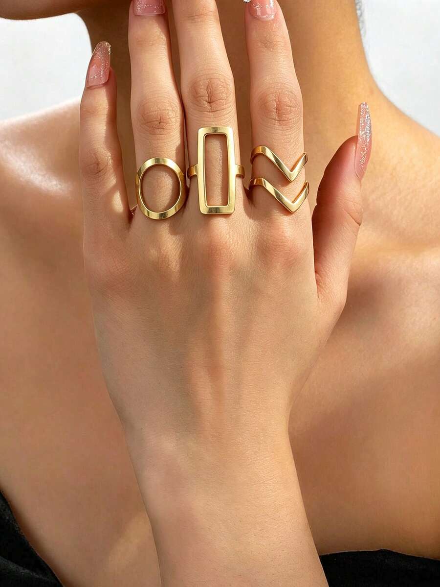3pcs Geometric Hollow Ring Set, Gold Tone Hollow Square Oval Double V Stackable Rings, Minimalist Statement Rings Suitable For Party, Daily, Date, Holiday Gift - Gold - View 1