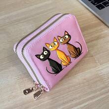 Cat Print Card Holder, Lightweight Fashionable Women's Wallet, Suitable For Daily Use, Double Zipper Mini Wallet/Coin Purse/Card Holder - Multicolor - View 20