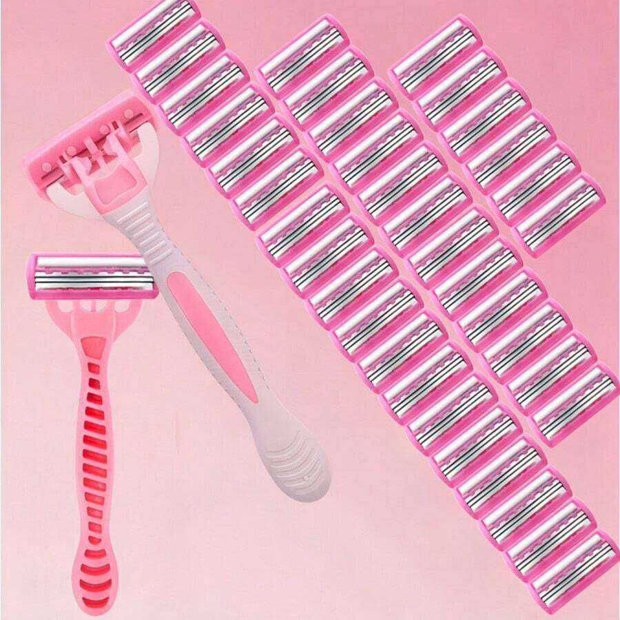 Pink Ladies' Classic Manual Hair Removal Razor Kit - Reusable,3-Layer Stainless Steel For Smooth, Hair Removal Device