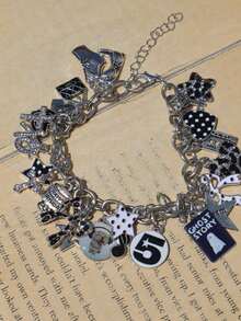 1pc Dark Gothic Charm Bracelet, Polka Dot Star Leopard Print Heart Bracelet, Dark Cherry Ghost Party Bracelet - Black and White - View 7