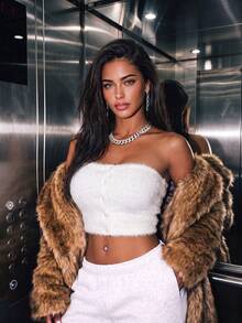 Women's Casual Knitwear Button Front Slim Fit Cropped Tube Top For Winter Fall Daily Wear, Going Out - White - View 7