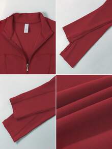 TimeOff Women's 1pc Solid Color Stand Collar Zipper Thumb Hole Long Sleeve Slim Fit Sports Jumpsuit - Red - View 4
