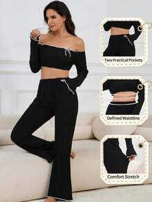Women's Spring Autumn Winter Sweet Bow Fashion Ruffle Lace Solid Color Slim Fit Sexy Off-Shoulder Bell Sleeve Long Sleeve Casual Double Pocket Pants Comfortable Loungewear 2-Piece Set - Black - View 8