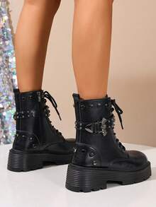 Women's Red Punk Studded Ankle Boots, Thick Sole Lace-Up Buckle Workwear Motorcycle Boots, Autumn/Winter - Black - View 6