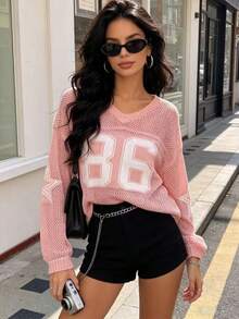Women's Oversized Casual Knitted Pullover Sweater, Number Print Loose Airy Elegant Vibe, Suitable For Summer Couples Pink Spring - Pink - View 8