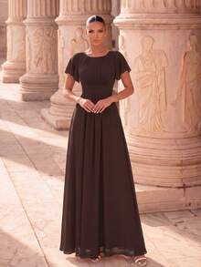 Elegant Chiffon Long Bridesmaid Dress, Round Neck, Ruffle Short Sleeves, Ruffle Hem, Multi-Layer Waist Design - Chocolate Brown - View 3