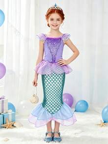 紫綠色小女孩美人魚禮服，帶花瓣袖 - 彩色 - 查看 5