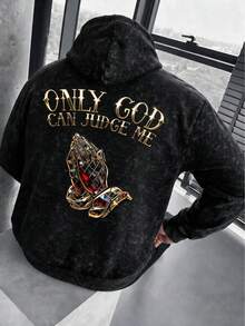 Vintage Washed Tie-Dye Men's Hoodie Sweatshirt, Autumn/Winter, Back Prayer Hands Large Print, Loose Fit, Dropped Shoulder, Pullover Casual Sweatshirt - Black - View 5