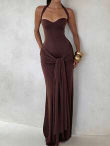 Spring/Autumn Solid Color Halter Tie Sleeveless Cinched Waist Long Elegant Dress, Party Date Dinner Afternoon Tea Evening Gown, Summer - Dark Brown - View 6
