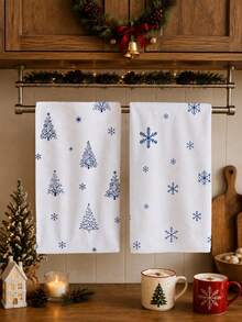 2PCS Christmas Simple Blue Snowflake Kitchen Towels, Rectangular Soft Microfiber Polyester Material, Dishcloth, Scouring Pad, Hand Towel, Cooking Baking Tea Towel, Christmas Kitchen Decor, Housewarming Gift, Birthday Gift, Bathroom Cleaning Cloth, Decorative Towel - Blue and White - View 6