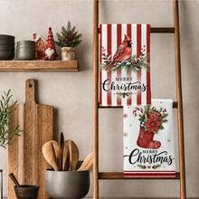 2PCS Kitchen Towels Christmas Red & White Striped Floral Bird Christmas Sock Pattern Printed 40*60cm Minimalist Style Rectangular Microfiber Soft Kitchen Towels, Dish Cloths, Tablecloths, Hand Towels, Christmas Home Decor, Bathroom & Kitchen Decor, Neighbor Housewarming Gift, Perfect For Kitchen & Bathroom Use, Suitable For Housewives And Family Gatherings, Great Value, Home Essential - Red and White - View 2