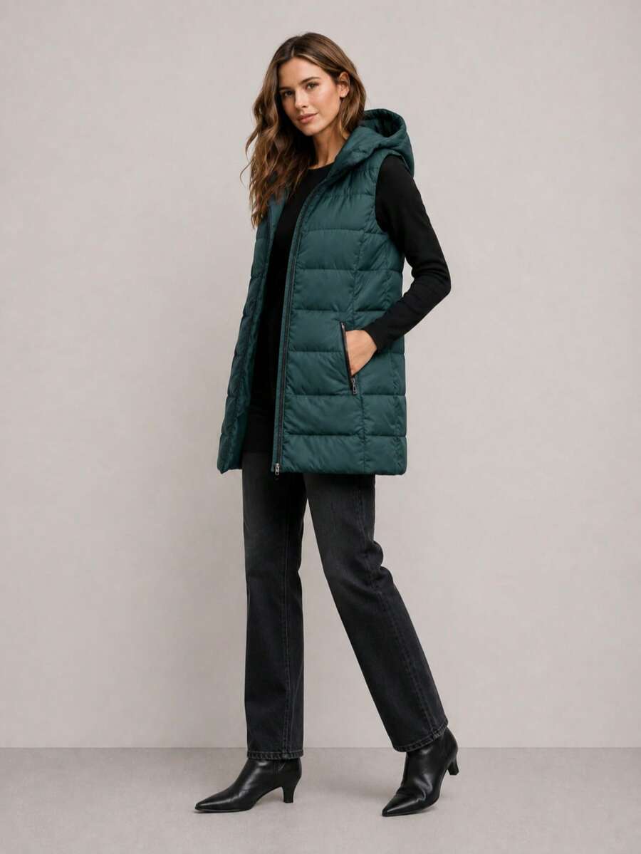 Women's Hooded Vest With Detachable Hood, Two-Way Zipper, 2 Pockets, Synthetic Down, Mid-Thigh Length, Spring/Autumn Casual - Teal Blue - View 1