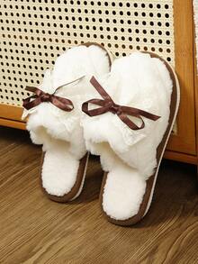 Sweet Lace Bow Plush Slippers For Women, Soft Sole, Warm, Non-Slip, Bedroom Home Slippers, Girly Style, Winter - Brown - View 3