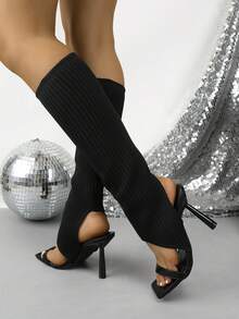 Women's Square Toe Knitted Knee-High Boots, Stiletto High Heel Evening Boots - Black - View 7