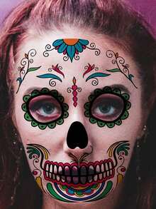 6pcs Halloween Day Of The Dead Face Tattoo Stickers, Skull Spider Web Face Decoration Temporary Tattoos - Multicolor - View 3